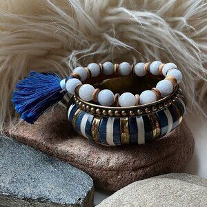 3 Piece Bracelet Stack - Vintage Modern Brass Semi Precious Stone Bangle Stretch